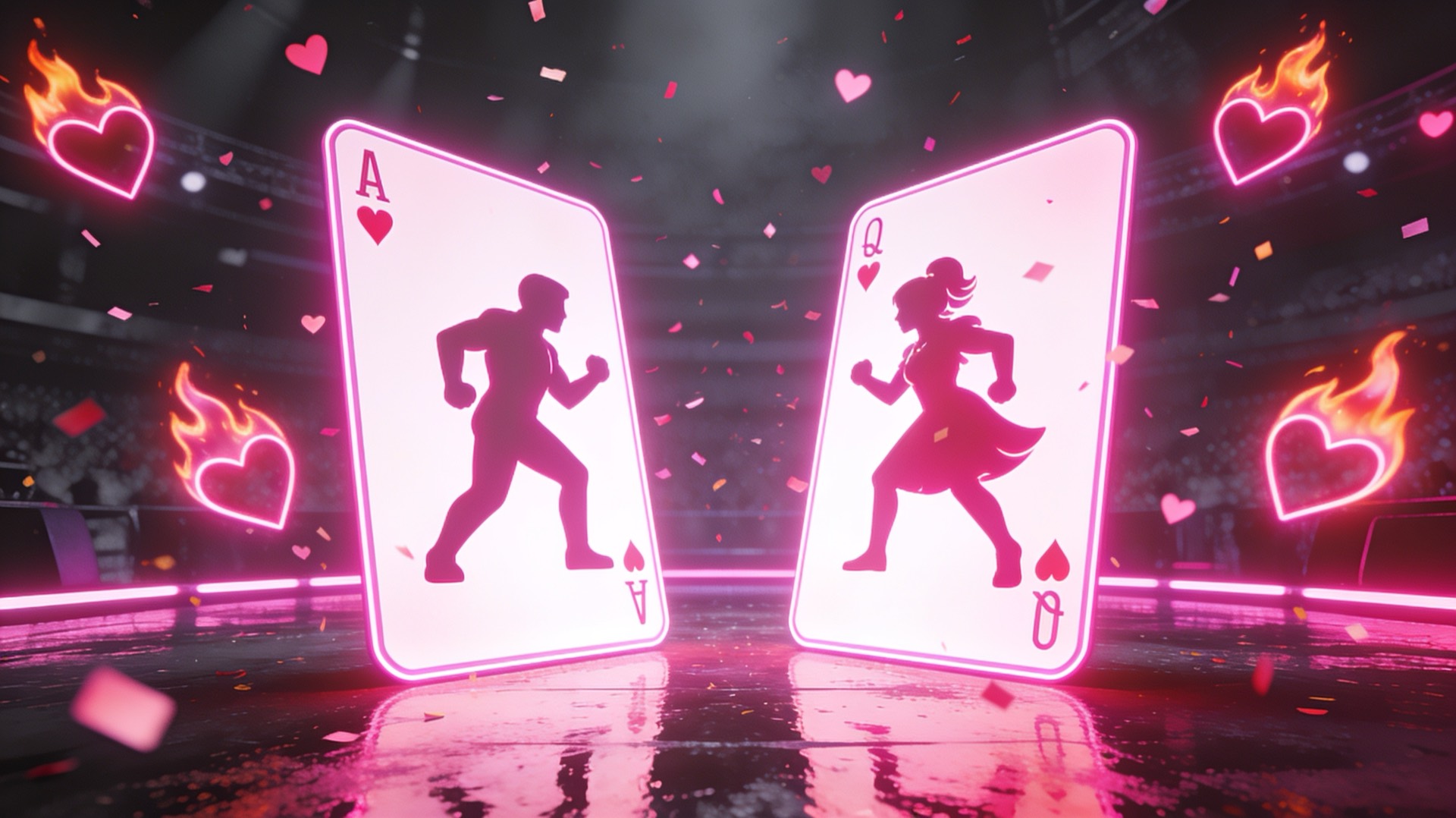 Two giant glowing duel cards facing off in a hot pink neon arena