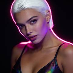 Nova, platinum haired AI girl queued for the next Swipey duel